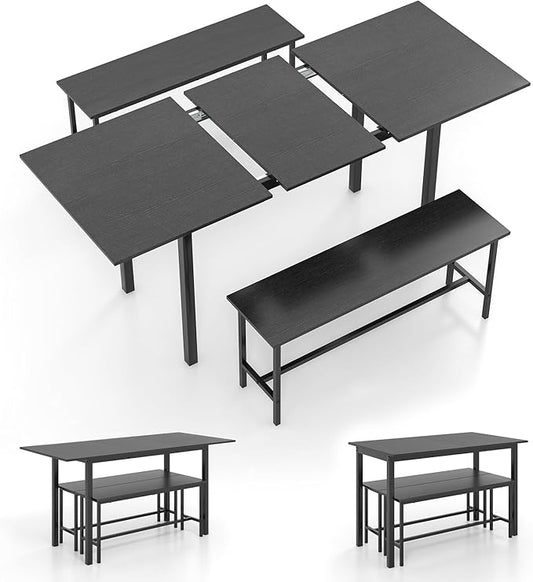 Giantex Dining Room Table Set for 4-6, 63” Extendable 3-Piece Dining Table Set with 2 Benches, Metal Frame, Dinette Table Set for Breakfast Nook, Kitchen Table Chairs (Black)