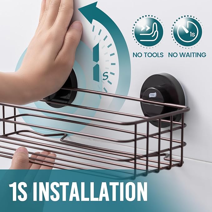 TAILI Shower Caddy Suction Cup 2 Pack with Hooks & Soap Holder, Heavy Duty Shower Organizer for Bathroom, No Drilling Bathroom Organizer with Large Capacity, Metal Storage Basket-Brown