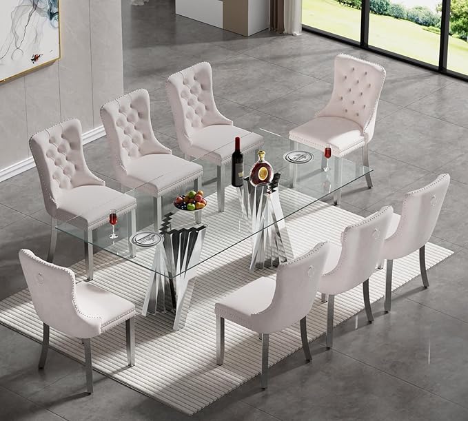 Goujxcy 70" Glass Dining Table Set for 8, Modern Silver Dining Table Set with 8 Beige Velvet Upholstered Dining Chairs, 9 Piece Kitchen Dining Room Table Set with Stainless Steel Legs