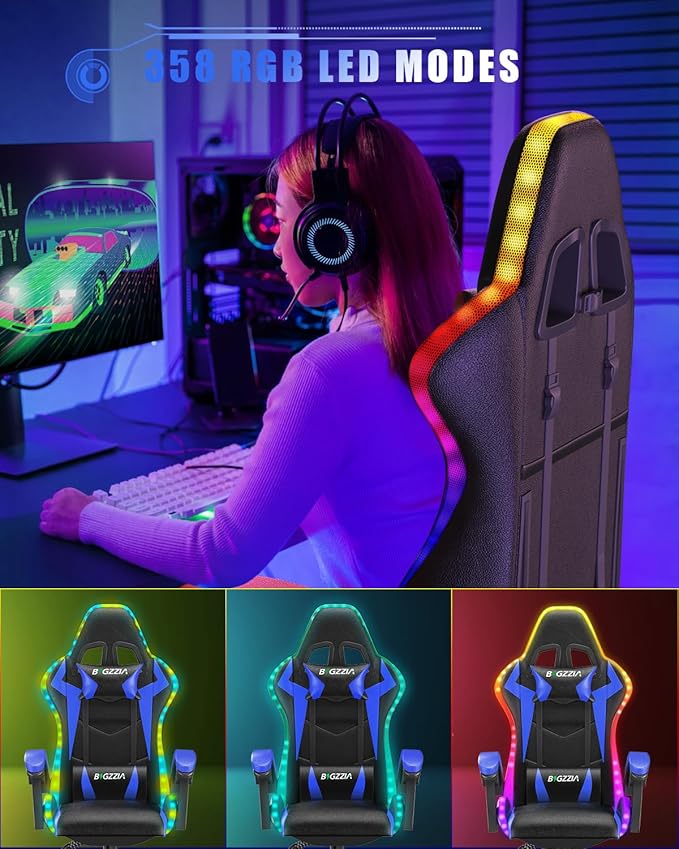 Bigzzia Gaming Chair with RGB LED Lights, High Back Ergonomic Computer Gamer Chair with Headrest and Lumbar Support, Racing Style Reclining Game Chair for Adults, Kids(Black/Blue)