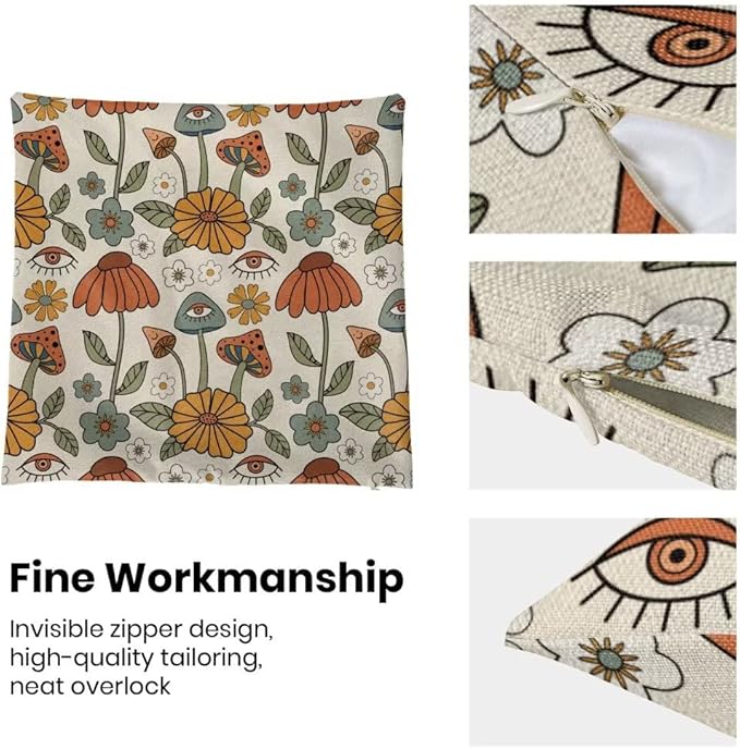BETGINY Boho Throw Pillow Covers 20x20 Set of 2, Yellow Orange Fun Cute Mushrooms Retro Decorative Outdoor Pillow Covers 70s Vintage Floral Linen Farmhouse for Couch Sofa Summer Home Decor