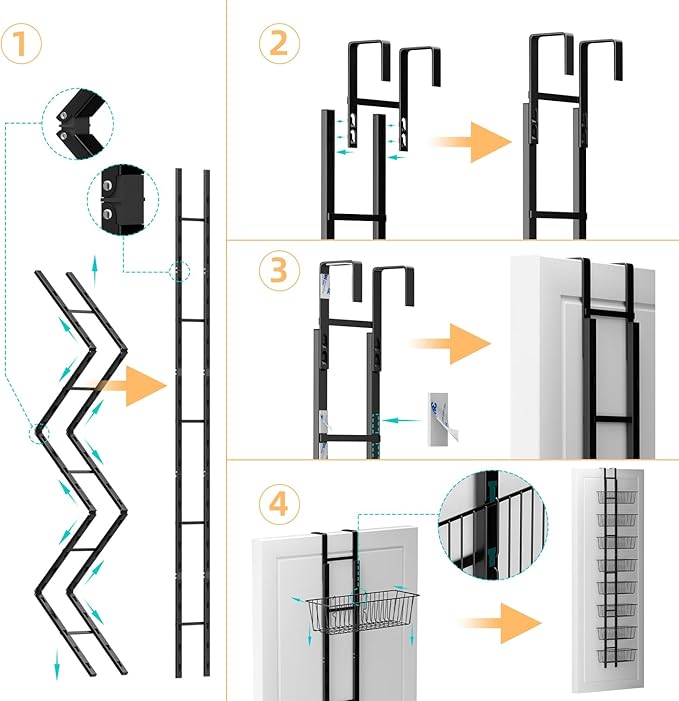 8-Tier Over the Door Organizer with Baskets - Metal Spice Rack Hanging Storage Rack for Pantry, Kitchen, Spices & Laundry, Adjustable Shelves, Heavy Duty Hanging Storage Organizer Door Mount, Black