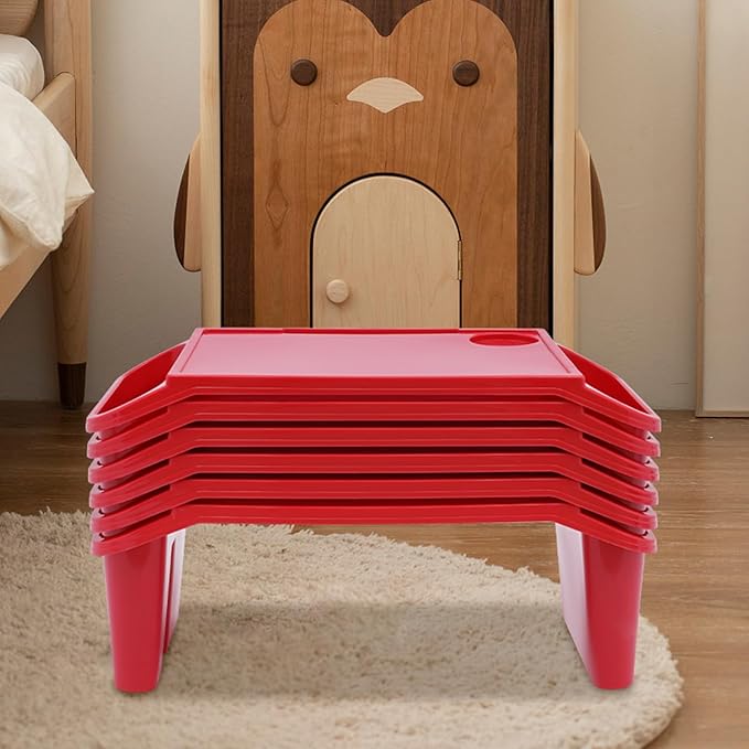 Set of 6 Kids Lap Desk Tray, Portable Activity Table, Plastic, Stackable for Drawing, Writing, Eating, Classroom, 19.69" L x 9.84" W x 7.09" H, Red