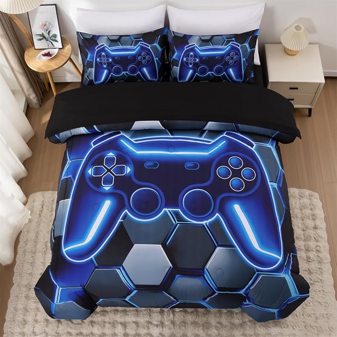 NTBED 3D Gaming Comforter Set for Boys Kids Teens,5pcs Gamer Bedding Sets with Sheet,Game Console Bed in a Bag (Blue, Full)