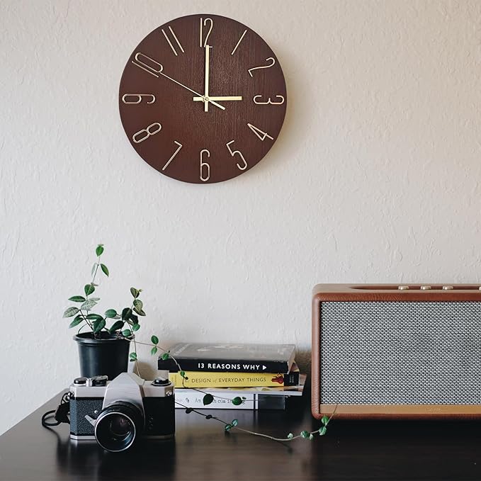 Faupugh 12 inch Silent Wall Clock, Battery Powered Wall Clock Suitable for Home, Office, Kitchen, School, Bedroom, Living Room (Retro Brown)