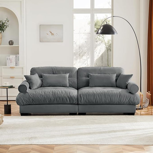 Ball & Cast 93.7" Oversized Modular Sectional Sofa 2-Seater Cloud Couch with Waist Pillows and Throw Pillows,Velvet Loveseat w/Bolstered Armrests,for Living Room,Home Theater,Apartment,Velvet,Grey