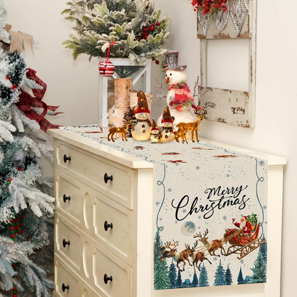 RABUSOFA Merry Christmas Table Runner 13 x 72 Inch, Santa Claus Sleigh Reindeer Seasonal Winter Xmas Holiday Kitchen Dining Table Decoration for Indoor Outdoor Home Party Decor Blue