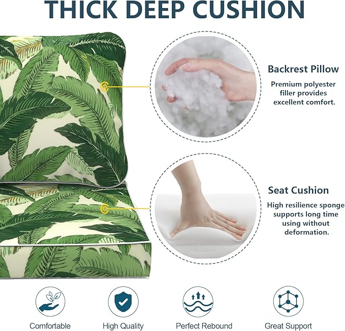 Outdoor Deep Seat Cushions Set 24 x 24 Inch for Patio Furniture,Water Resistant Chair Cushions Replacement Includes Seat Cushion & Back Pillow for Sofa, Wicker Chair - Swaying Palms Green