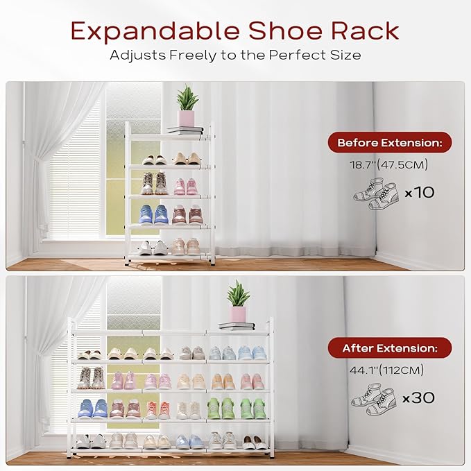 Bumusty 5-Tier Long Expandable Shoe Rack for Closet, 18"-44" Adjustable Shoe Rack for Entryway, 25-30 Pairs Large Shoe Organizer Shelf Storage, Sturdy Metal, White