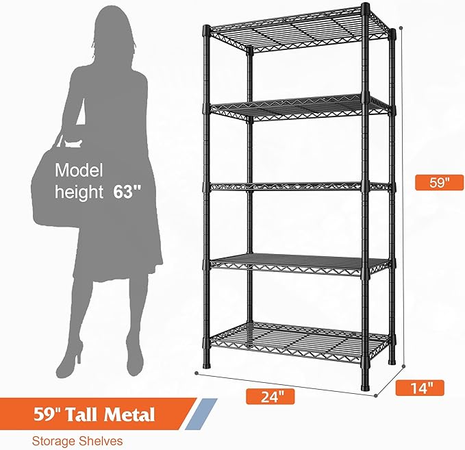 REIBII Wire Shelving Rack 5-Tier Metal Shelves for Storage Adjustable Garage Shelving Heavy Duty Storage Shelves for Storage Rack, 24" W X 14" D X 59" H