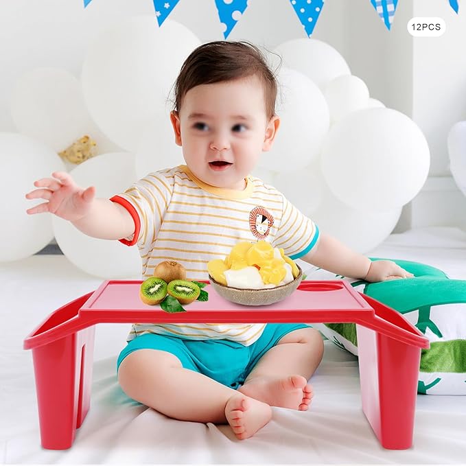 Set of 12 Kids Lap Desk Tray, Portable Activity Table, Plastic, Stackable for Drawing, Writing, Eating, Classroom, 19.69" L x 9.84" W x 7.09" H, Red