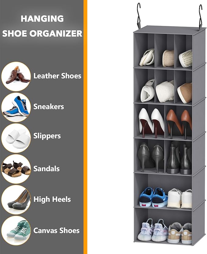 SpaceAid 2 Pack Hanging Closet Organizer and Storage with Dividers, 24 Compartments Hanging Shoe Shelves for Closet, Wardrobe, RV, Garment Rack - Grey