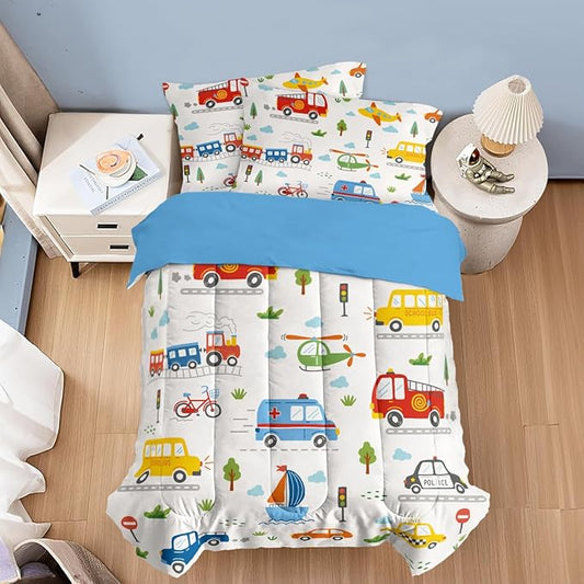 SANDJEST Transportation Duvet Cover Sets Full Size for Kids Boys, Incude 1 Polyester Comforter Cover 80x90 Inches and 2 Pillowcases 20x26 Inches, Comforter Not Included, Gift for Christmas Birthday
