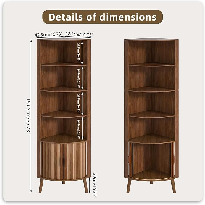 5-Tier Corner Shelf, 66.73''Tall Modern Corner Bookshelf, 5 Shelf Bookcase with 2 Fluted Doors, Freestanding Wood Corner Display Storage Shelf Organizer for Living Room, Office (Walnut)