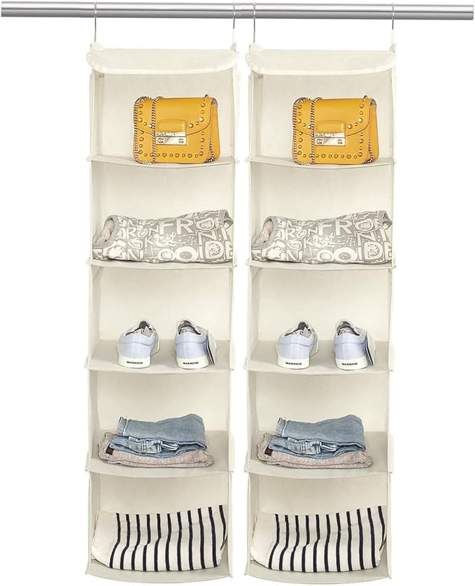 5 Shelves Hanging Closet Organizer, 2 Pack Hanging Storage with 6 Side Pockets for Clothes Shoes, 43"x12"x12"(Beige)