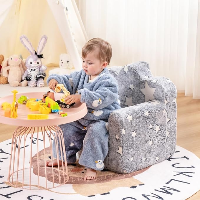 Tiita Kids Couch Plush Toddler Chair, Cloud-Like Glow in The Dark Kids Sofa Toddler Reading Chair with Washable Cover Carrying Handle, Convertible Children Sofa Chair for Girls and Boys