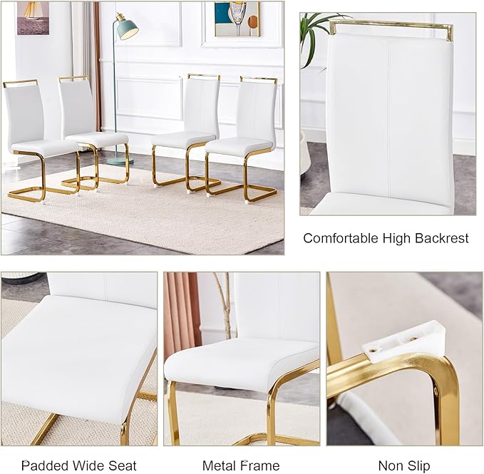 Dining Table Set of 4,51" Rectangle Tempered Glass Table Top with Golden Metal Legs,Kitchen Room Table with 4 White Faux Leather Dining Chairs,Dinner Table for Dining Room Office