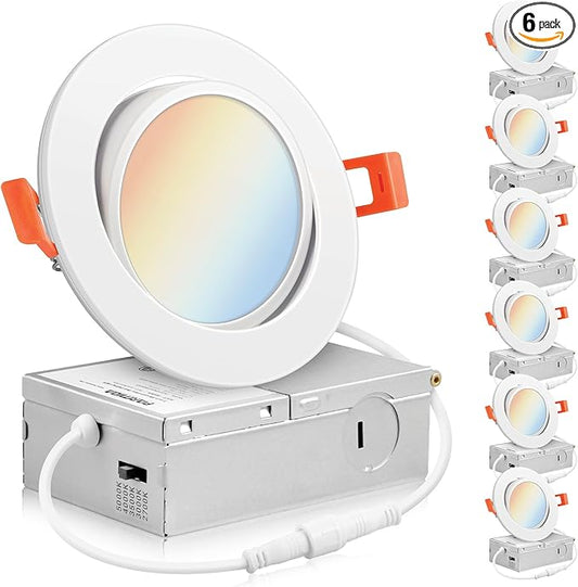 PARMIDA (6 Pack) 4 Inch LED Gimbal 5CCT Recessed Lighting, Directional Adjustable Canless Ceiling Light with J-Box, 2700K-5000K 5 Color Selectable, 9W, Eyeball Ultra-Thin Slim Panel, Dimmable, ETL