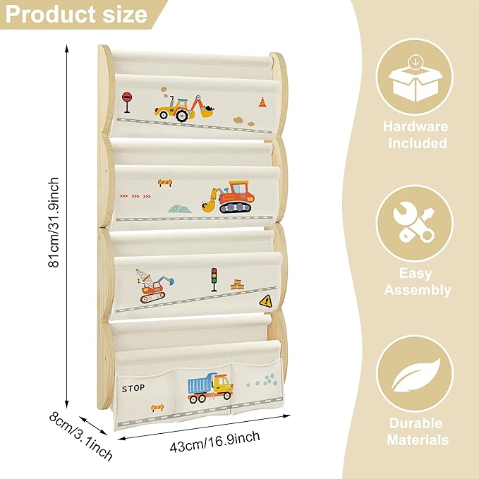 Wooden Wall Mounted Bookshelf for Kids Rooms, 4 Tier Floating Nursery Book Shelf, Kids Bookshelf with 2 Pockets, Toddler Sling Book Rack with Deep Sleeves (Excavator)