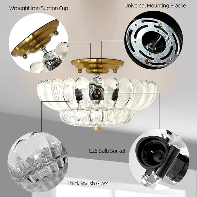 Ceiling Lights Semi Flush Mount Ceiling Light White Glass Light Gold Base Modern Light Fixture for Hallway Living Room Kitchen Bedroom 3 Bulbs(Bulb Not Included)