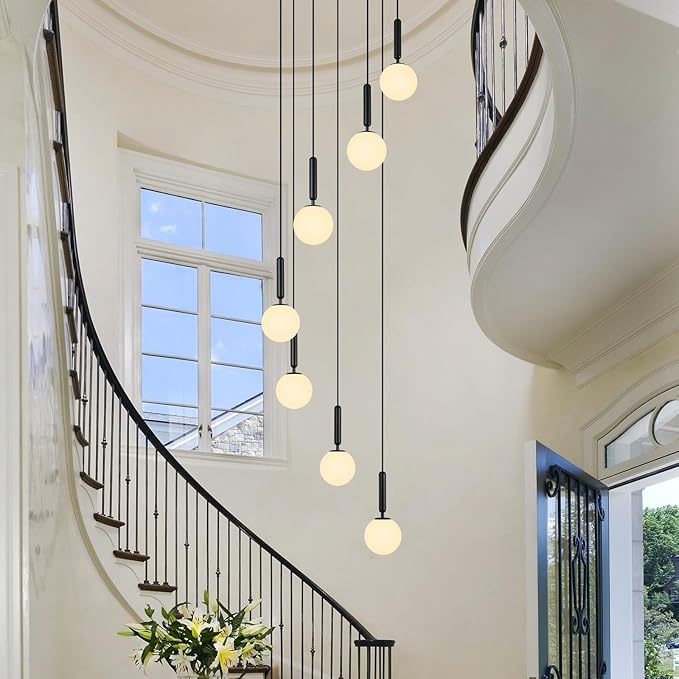 7-Lights Black Chandelier with Milk White Glass Hanging Fixture Light for Kitchen Island Mid Century Modern Globe Pendant Light for Foyer Living Room Entryway Hallway
