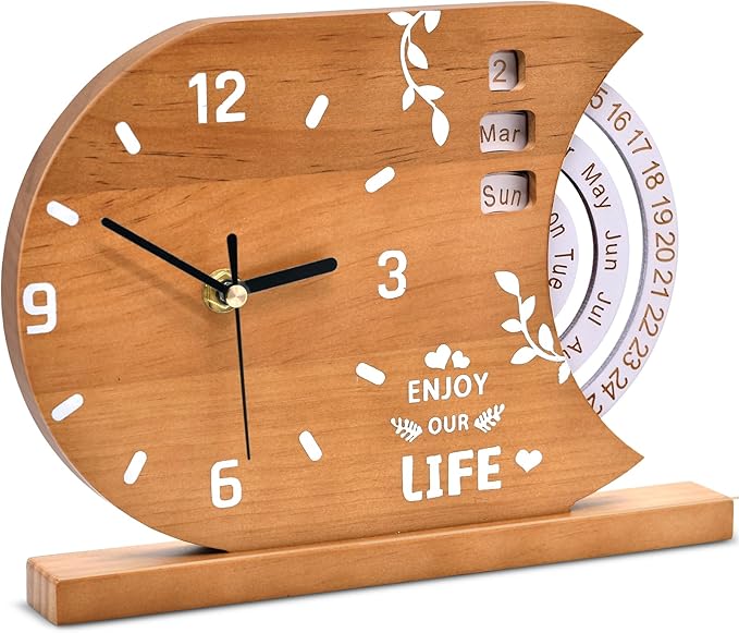 2-in-1 Wooden Analog Clock & Calendar - Silent No Ticking Desk Clocks Perpetual Calendar for Office, Bedroom, Study - Vintage Home Shelf Table Decor - Flip Date, Month & Day of The Week