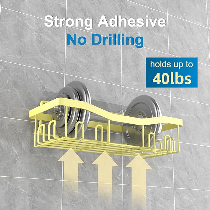 Adhesive Shower Caddy, No Drilling Bath Organizers 5 Pack, Rustproof Shelves with Soap Holder & Toothbrush Holder, Bathroom Organizers and Storage, Yellow