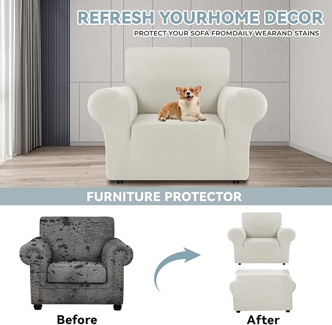 LURKA Stretch Chair Sofa Slipcovers 1 Piece Couch Covers for Sofa Furniture Protector Full Sofa Covers with Elastic Bottom for Kids and Dog (Small, Ivory)