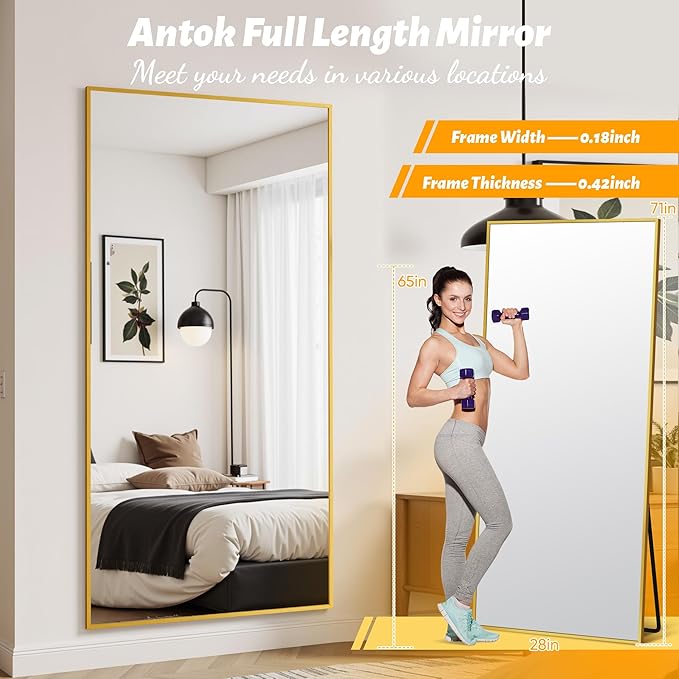 Antok Mirror Full Length, 71"x28" Big Floor Mirror, Oversized Full Body Mirrors with Stand for Bedroom, Living Room Cloakroom, Gold, Rect Corner Style