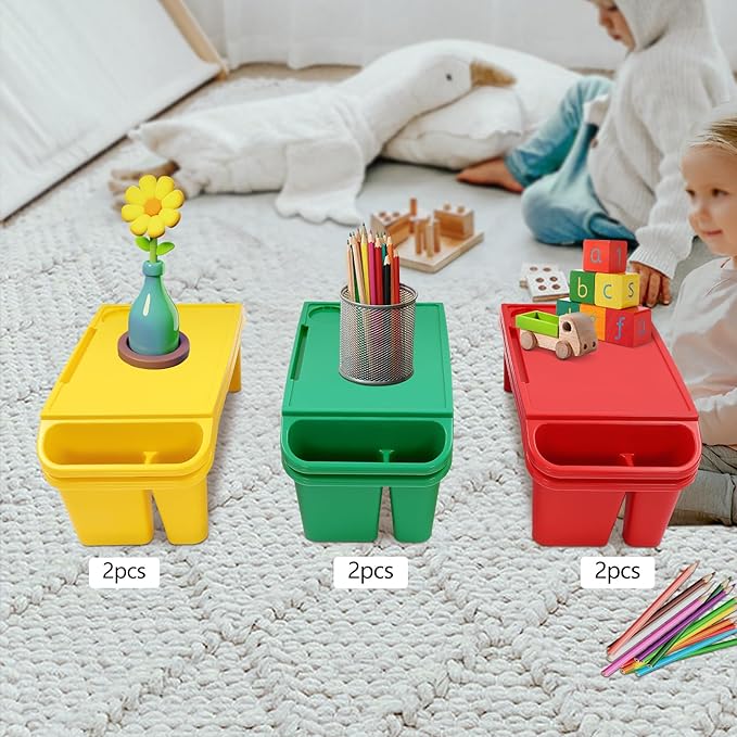 Set of 6 Kids Lap Desk Tray, Portable Activity Table, Plastic, Stackable for Drawing, Writing, Eating, Classroom, 19.69" L x 9.84" W x 7.09" H (Red, Green, Yellow)