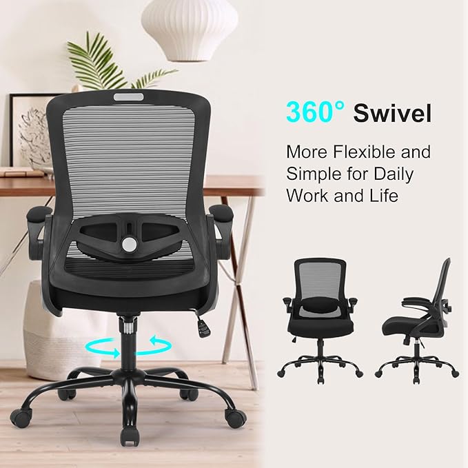 Office Chair, Ergonomic Desk Chair with Adjustable Height, Lumbar Support, High Back Mesh Support with Flip up Armrests, Task Chairs for Home Office Computer (Black-23-1)