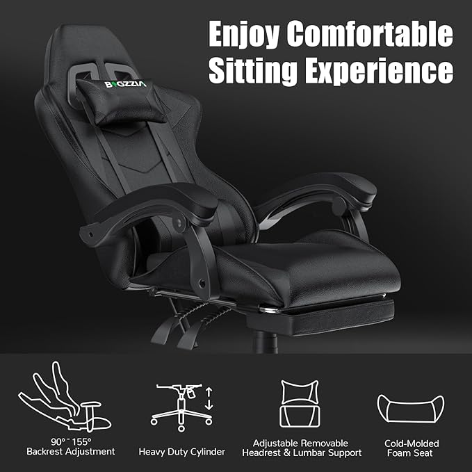 Gaming Chair with Footrest, High Back Ergonomic Computer Gamer Chair with Headrest and Lumbar Support, Racing Style Reclining Game Chair for Adults, Kids (Black)