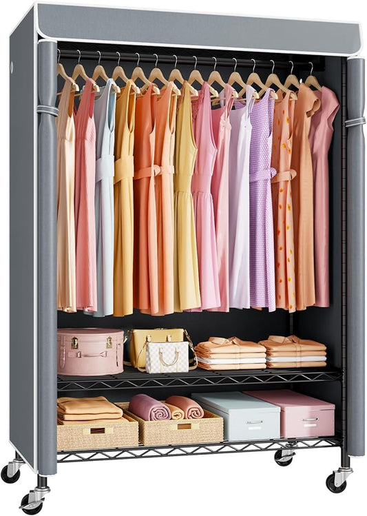 P6C Plus Rolling Clothes Rack with Cover, Covered Clothing Rack Heavy Duty, Portable Closet for Hanging Clothes, Garment Rack on Wheels, Black Closet Rack with Gray Cover, Max Load 375LBS