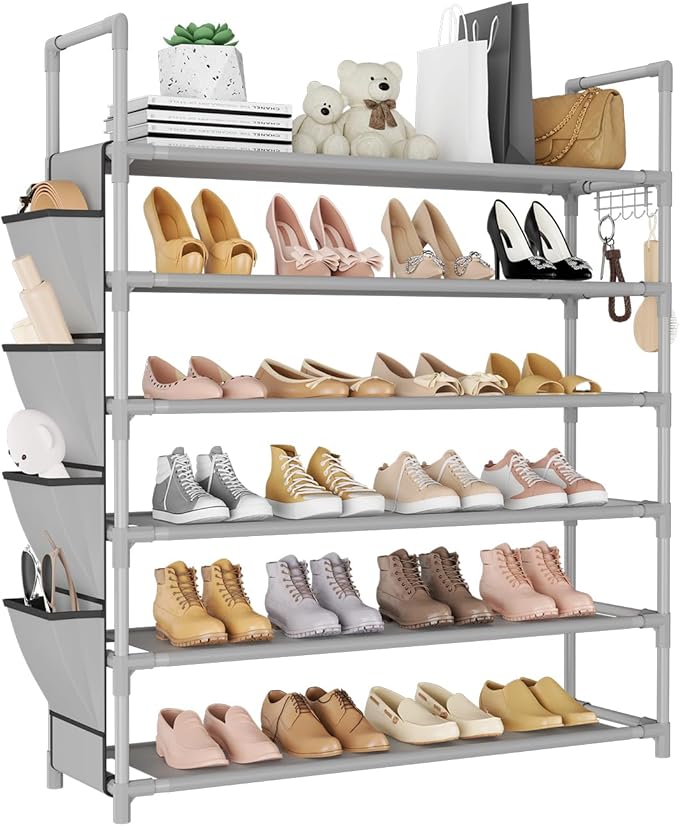 6 Tier Shoe Rack Storage for 24-30 Pairs Shoe and Boot, Shoe Organizer with Hook and Side Pocket Free Standing Long Shoe Shelf Tall Shoe Rack Organizer for Closet, Entryway, Dorm, Grey