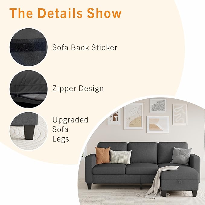 Sectional Sofa Couches for Living Room - 78'' Dark Gray 3 Seat L-Shaped Couch with Storage Ottoman, Modern Linen Convertible Sectionals Sofas with Chaise for Apartment, Office, Small Space