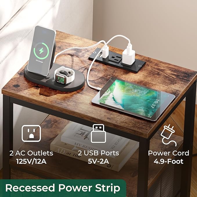 Huuger Nightstands Set of 2, End Tables with Charging Station, Fabric Drawers, Bedside Tables with USB Ports and Outlets, Night Stands for Bedroom, Rustic Brown