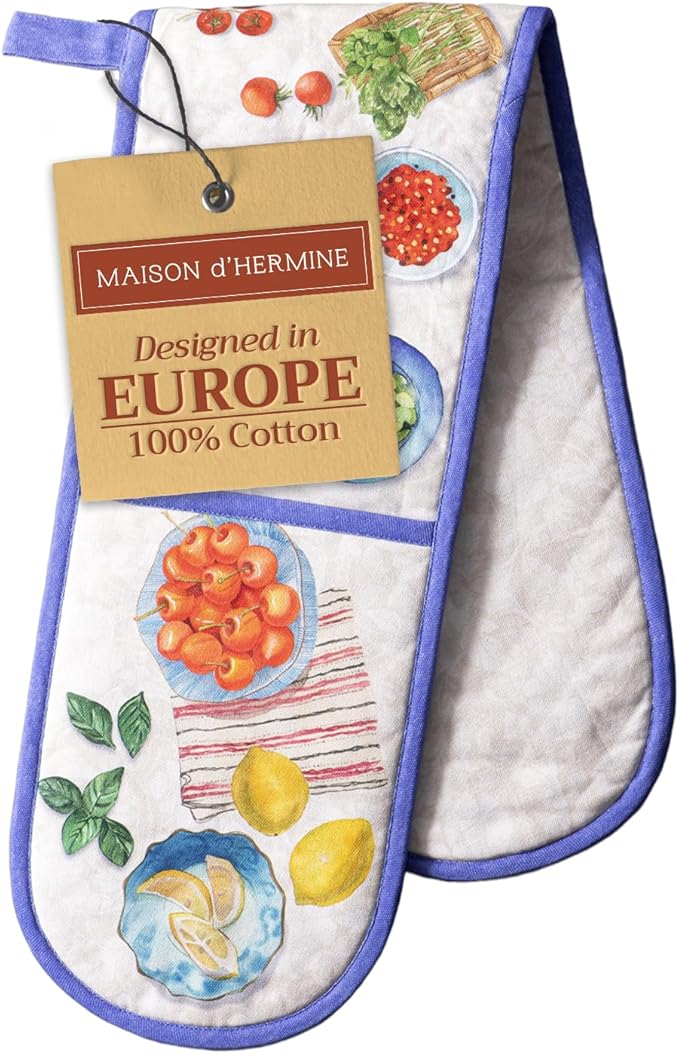Maison d' Hermine Double Oven Mitts 100% Cotton 7"x35" Double Oven Mitt Heat Resistant BBQ Cooking Gloves with Loop, Baking, Grilling, Home, Kitchen, Handling Hot Pans Spring Summer (Gourmand)