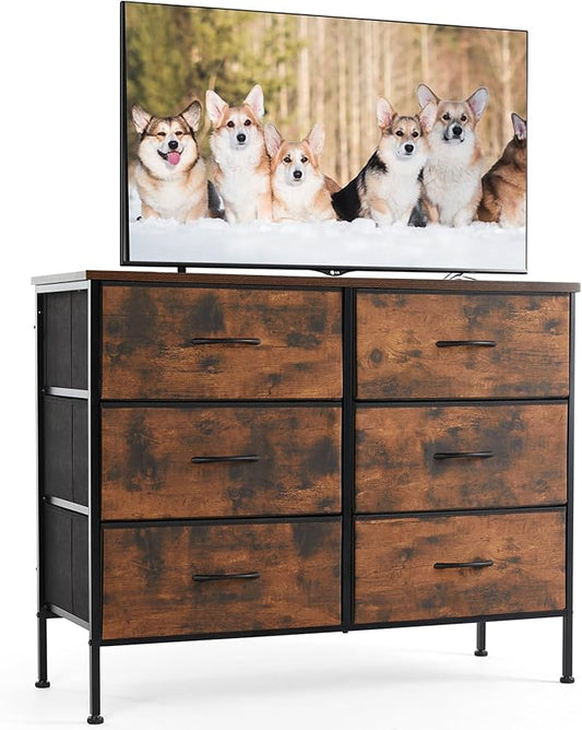 Sweetcrispy 6 Drawer Dresser for Bedroom, Fabric Chest of Drawers Dressers, Storage Tower Unit with Fabric Bins, Bedroom Dresser for Closet, Living Room, Hallway, Wood Top, Steel Frame, Brown