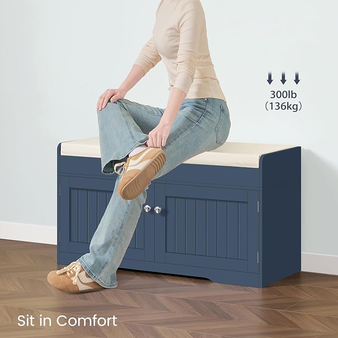 usikey Shoe Bench with Lift Top Storage, Storage Bench with Padded Seat Cushion, Entryway Bench with 2 Adjustable Shelves, for Entryway, Living Room, Bedroom, Blue