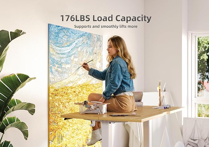 Claiks Bamboo Electric Standing Desk, Adjustable Height Stand up Desk, 55x24 Inches Sit Stand Home Office Desk with Splice Board, White Frame/BambooTop