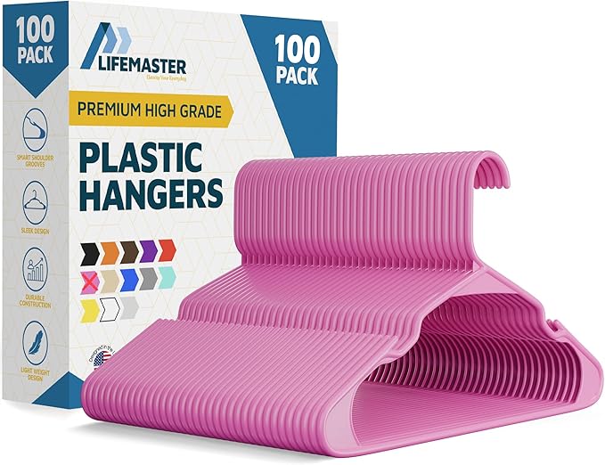 Plastic Clothes Hangers – Heavy Duty Hanger Set, for Organizing Clothes, Dresses, and Coat, Holds Up to 5 lbs, Space-Saving Hangers with Non-Slip Shoulder Grooves, Pack of 100, Pink