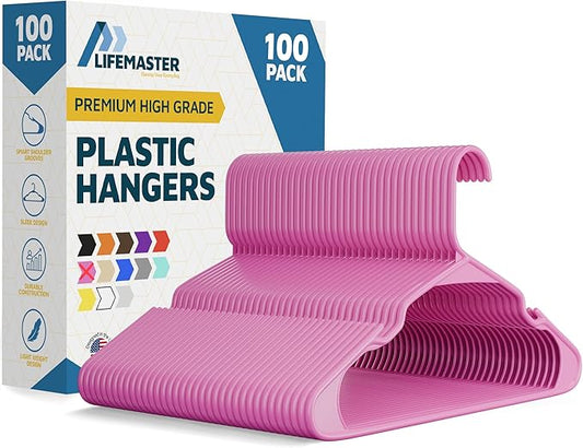 Plastic Clothes Hangers – Heavy Duty Hanger Set, for Organizing Clothes, Dresses, and Coat, Holds Up to 5 lbs, Space-Saving Hangers with Non-Slip Shoulder Grooves, Pack of 100, Pink