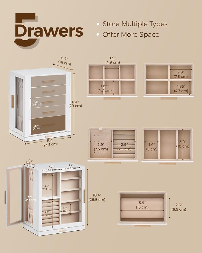 360° Rotating Jewelry Box with 5 Drawers, Spacious Vertical Jewelry Organizer with Glass Window, Jewelry Storage Case, Dustproof & Moisture-resistant Design, White