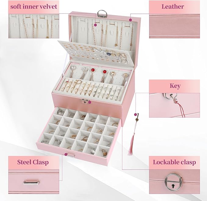 BOOVO Earring Jewelry Box For Women Girl Stud Organizer, 5 Layers Girl Jewelry Organizer Box With Lock Earring Holder Organizer Necklace Ring Jewelry Organizer Box For Girls (rose gold)