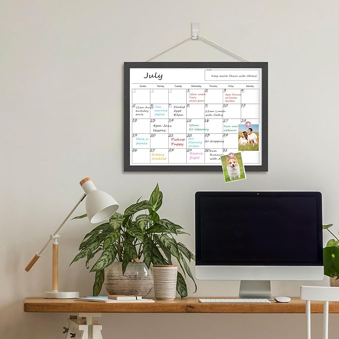 Dry Erase Calendar for Wall, 17x13 Inches Calendar Whiteboard for Wall, Small Magnetic Monthly White Board with Wood Framed, Hanging Dry Erase Board for Kitchen Home Office School Planner