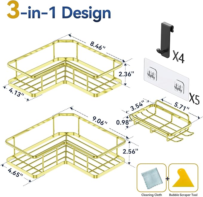 YASONIC Corner Shower Caddy Organizer, 3-Pack Self-Adhesive Rustproof Bath Shelves with Soap Holder & 4 Hooks, Large Capacity Shower Storage Rack for Bathroom Organization, Gold