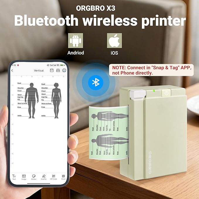 ORGBRO Sticker Printer, X3 Mini Bluetooth Printer Supports 2-3 Inch Printing Width, Thermal Sticker Maker Machine for Photos, Study Notes, Compatible with iOS & Android, Easy to Use, Olive Green
