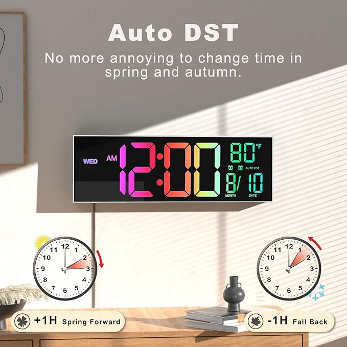 JALL 16" Large Digital Wall Mount Clock, Count Down Timer, Alarm, Big LED, 8 RGB Color, DST, Temperature for Living Room Classroom Desk, Xmas, Birthday Gift for Senior Mom Dad (White Shell, 16 inches)
