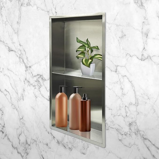 Shower Niche with Shelf Lightweight Stainless Steel Easy Install Tile Needed Wall Niche Recessed for Bathroom Storage (Brushed Stainless, 13"x25" with Shelf)
