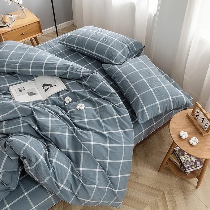 FACE TWO FACE Bedding Duvet Cover Set 3 Pieces 100% Washed Cotton Duvet Cover Linen Like Textured Breathable Durable Soft Comfy (King, Grey Green Grid)